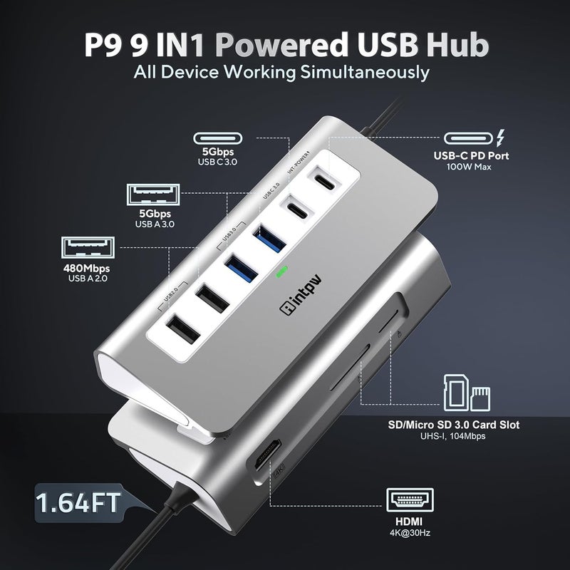 intpw P9 USB C Hub, 9-in-1 USB C Hub Multiport Adapter with 4K HDMI, PD 100W, Type-C & 2 USB A 3.0 5Gbps, 2 USB A 2.0, SD/TF Card Reader, Aluminum USB Hub for Laptop, iPhone 17 Series, MacBook, iPad - Image 2